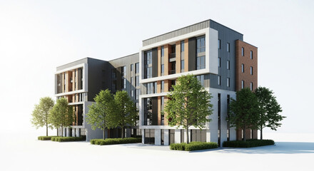 Modern apartment building exterior with trees on a sunny day, showcasing contemporary architecture and landscaping, creating a welcoming residential space