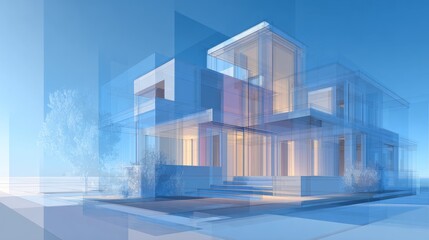 Stylized 3D vector architectural illustration showing house design concept, transparent layers, soft blue gradients, digital drawing presentation style