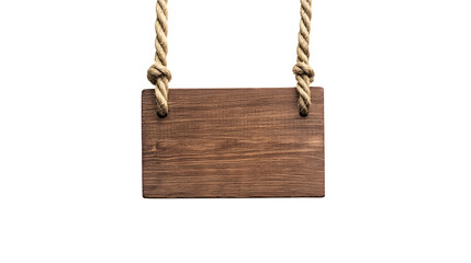 Wooden sign hanging by rope on a transparent background