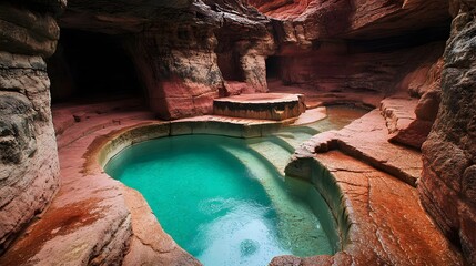 A hidden canyon oasis with turquoise pool surrounded by reddish rock walls 
