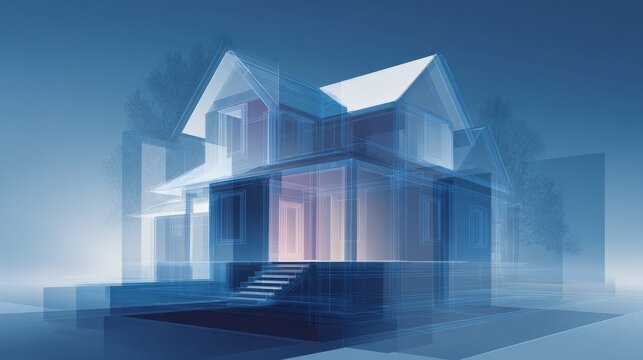 Stylized 3D vector architectural illustration showing house design concept, transparent layers, soft blue gradients, digital drawing presentation style