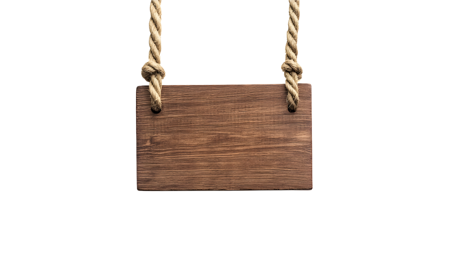 Wooden sign hanging by rope on a transparent background
