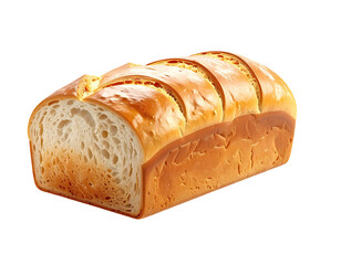 A sliced loaf of golden-brown bread with a fluffy interior, isolated on black