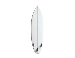 Isolated, white, three-finned surfboard stands vertically on a solid black background