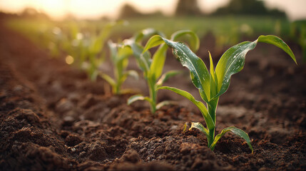 Young maize plant with water droplets thriving in fertile soil, drought tolerant crop in sunlight, agricultural field