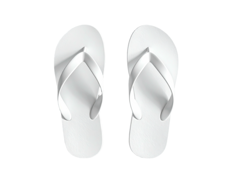 Overhead shot of two white flip-flops on a solid black background, isolated