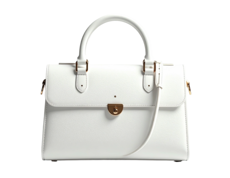 Clean, white handbag with a handle, shoulder strap, and gold-toned hardware