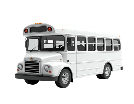 A pristine white transit vehicle with rounded front, side windows, and red top lights