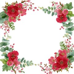 Watercolor floral frame with red flowers and eucalyptus leaves