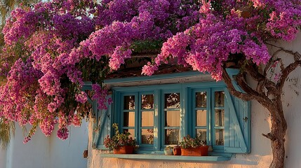 Blue window surrounded by vibrant pink flowers on a white building exterior.