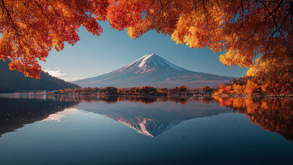 Fototapeta premium Mount Fuji in Autumn with Red Maple Leaves and Lake Reflection