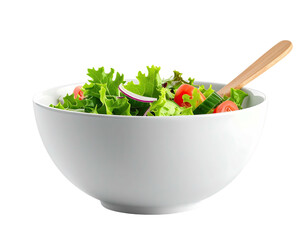 Fresh green salad in white bowl, wooden spoon, isolated black background