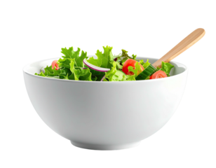 Fresh green salad in white bowl, wooden spoon, isolated black background