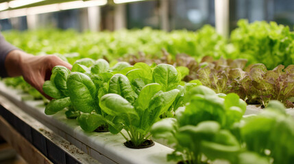 Hydroponic lettuce growing in vertical racks with hand harvesting, fresh green leaves, indoor farm, healthy food