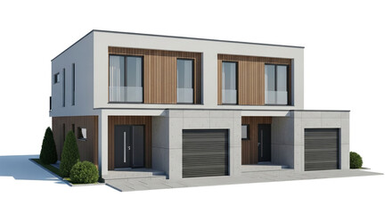 Contemporary twostory duplex with garage and modern design, isolated on white background the exterior features a combination of white, wood, and gray