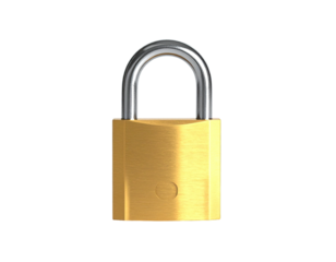 A metallic golden padlock, standing upright, isolated on a solid black background