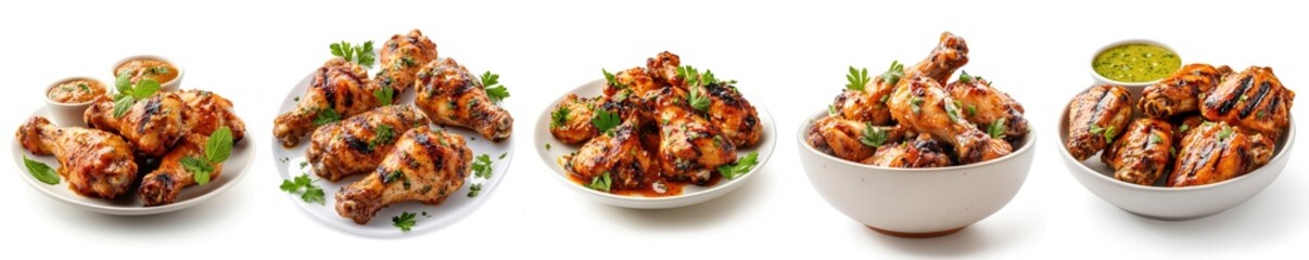 Grilled chicken wings splashing, green chutney sauce, isolate on white background. Set
