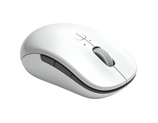 Close-up of a modern, white computer mouse, angled on a black backdrop