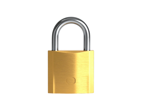 A metallic golden padlock, standing upright, isolated on a solid black background