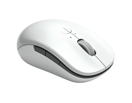 Close-up of a modern, white computer mouse, angled on a black backdrop