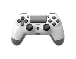 Close-up of a white and gray handheld video game controller on black background
