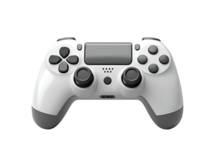 Close-up of a white and gray handheld video game controller on black background