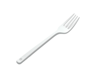 Angled view of a white plastic fork on a pure black background