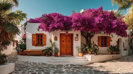 White building with wooden door and shutters covered in purple flowers.