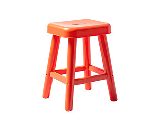 A simple, bright orange stool with a square seat, angled legs and a supportive base