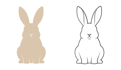 Two stylized rabbits one solid tan and one black outline on white background bunny animal