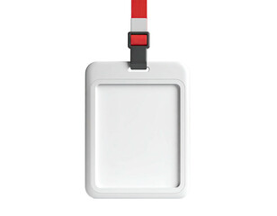 A blank, white ID badge hanging from a red and black lanyard, black background