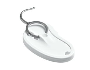 White oval-shaped tracking device with a silver metal loop and attachment
