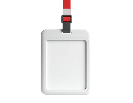 A blank, white ID badge hanging from a red and black lanyard, black background