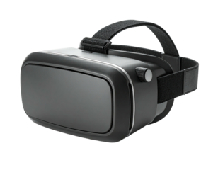 Sleek black VR headset, front-facing, angled against a stark black background