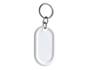 A white, oval-shaped blank tag hanging from a keyring against black