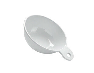Close-up of an empty, white, rounded measuring cup with a handle and hole