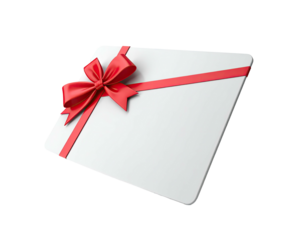 A wrapped, blank, off-white card with a bright red bow and ribbon on black