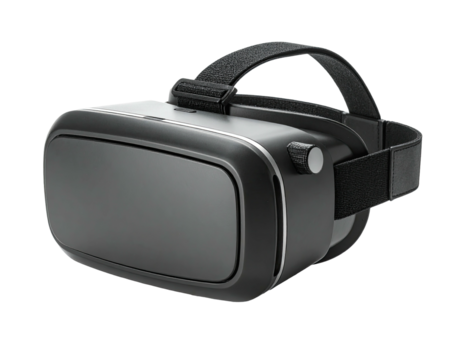 Sleek black VR headset, front-facing, angled against a stark black background