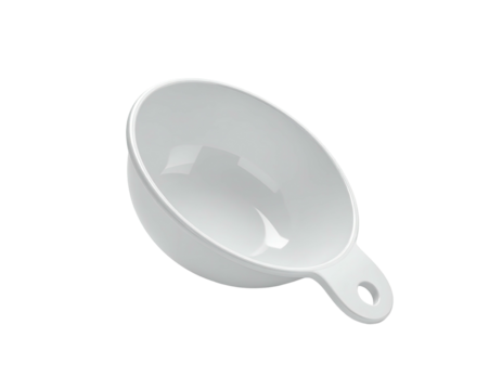 Close-up of an empty, white, rounded measuring cup with a handle and hole
