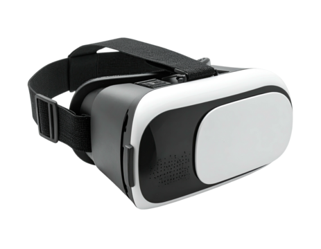 Angled view of a black and white VR headset with adjustable strap