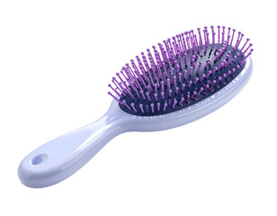 A detailed illustration of a light-colored hairbrush with purple bristles