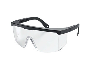 Close-up of clear safety glasses with black frame on dark backdrop