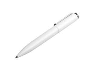 Sleek, white pen with silver accents against a pure black background