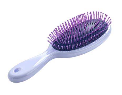 A detailed illustration of a light-colored hairbrush with purple bristles