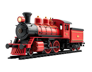 Red and black model locomotive on tracks, featuring a glowing headlight