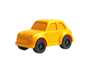 A bright yellow toy car with rounded edges and black tires on a black backdrop