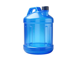A clear, blue plastic water jug, with a handle, black cap, and vertical lines