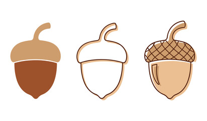 A set of three acorns in different styles and colors on white background oak nut autumn