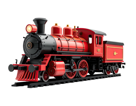 Red and black model locomotive on tracks, featuring a glowing headlight