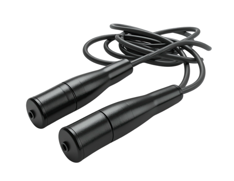 Black exercise rope, handles and cable, resting on a dark background